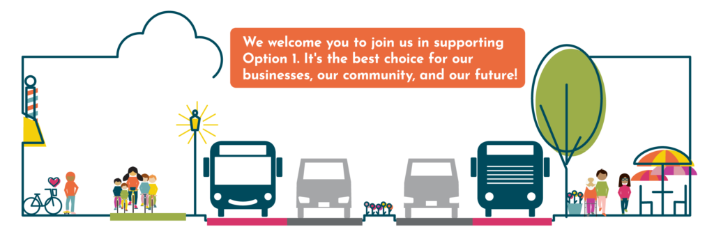 Hennepin Avenue Option 1. Cross section of street. Space for pedestrians, a mother and her children biking, dedicated bus lanes, car lanes in each direction, median with flowers separating north and southbound traffic, more pedestrians one with a walker, outdoor dining. A Hennepin for people. There is a streetlight, barbershop storefront awning, umbrella with chairs, a tree and flowers. Centered orange box with the following text: We welcome you to join us--your neighbors and customers--in supporting Option 1. It's the best choice for our businesses, our community, and our future