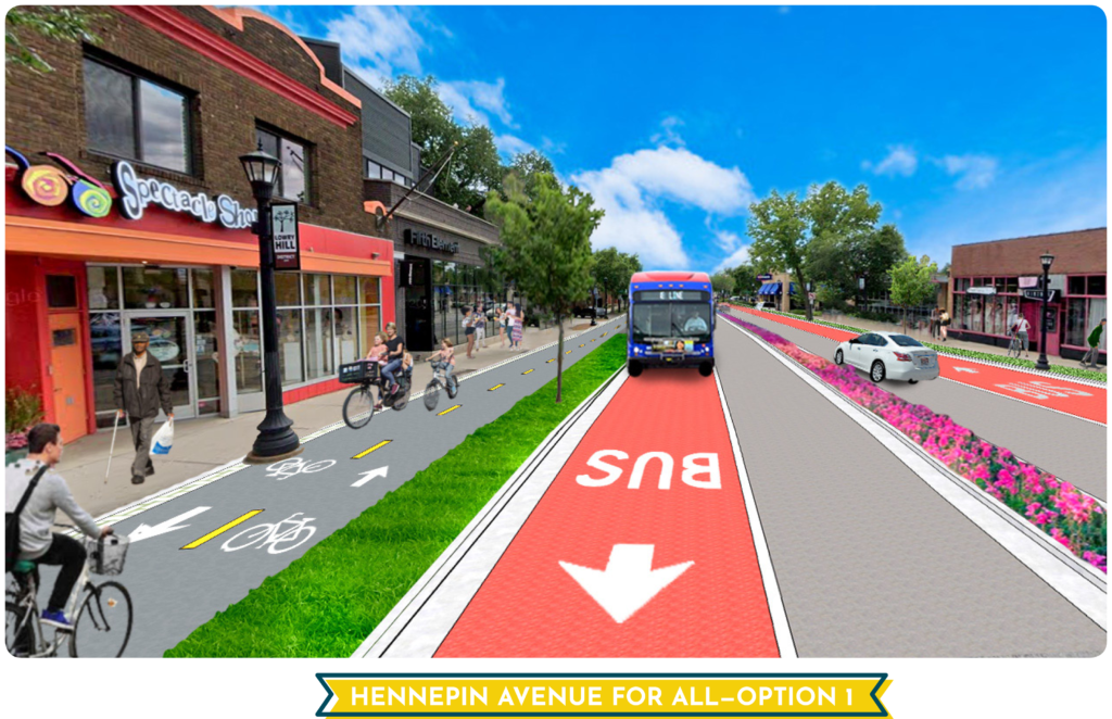 Hennepin Option 1 Rendering. Text in yellow banner Hennepin Avenue for All--Option 1. Mom and kids biking north on street. People of all abilities out enjoying a vibrant place for people.  