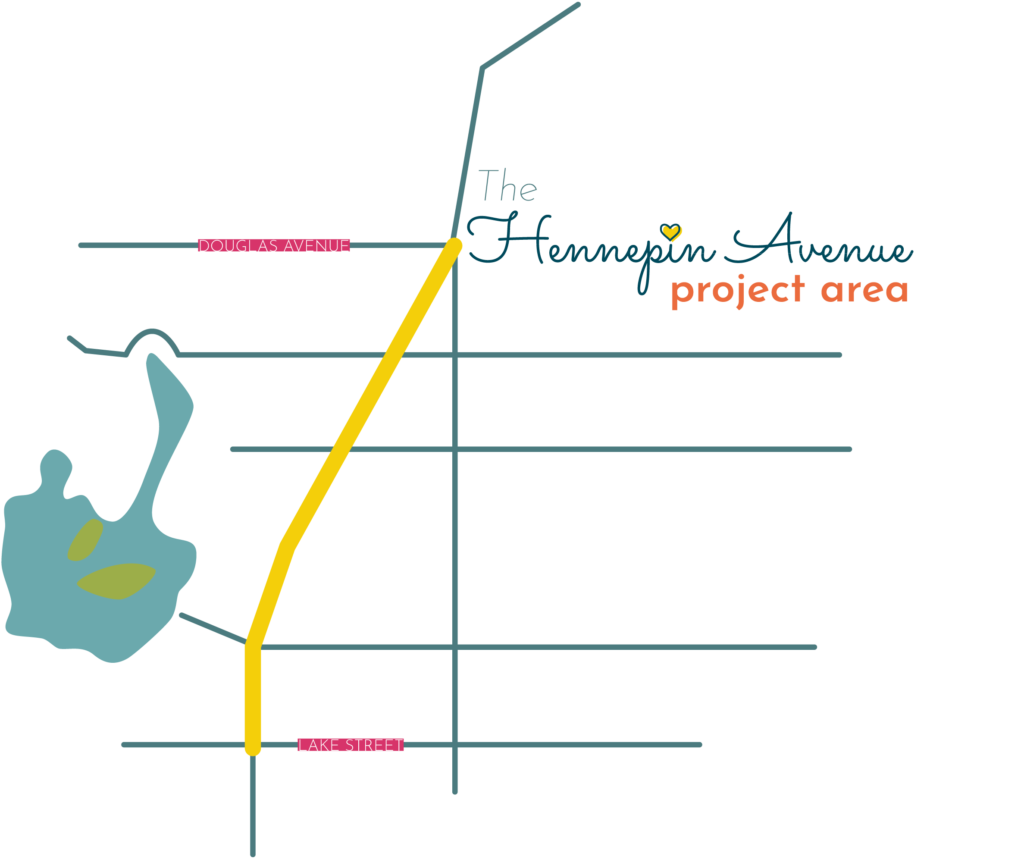 Hennepin Avenue project area map. Simplified map with lines, graphic representation. Yellow thick route line along project area from Lake Street to Douglas Avenue. Project area streets are marked. Lake of the Isles included on map.